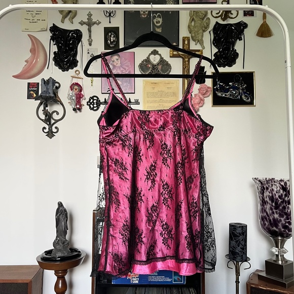 Y2K Bustier Cami Pink Black Lace Slip Top Vintage - Picture 5 of 5